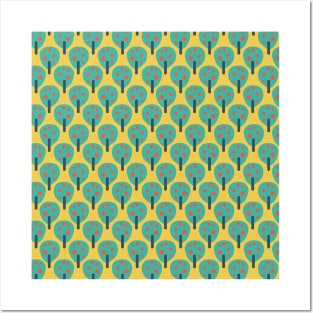 Retro fruit trees teal on yellow Posters and Art